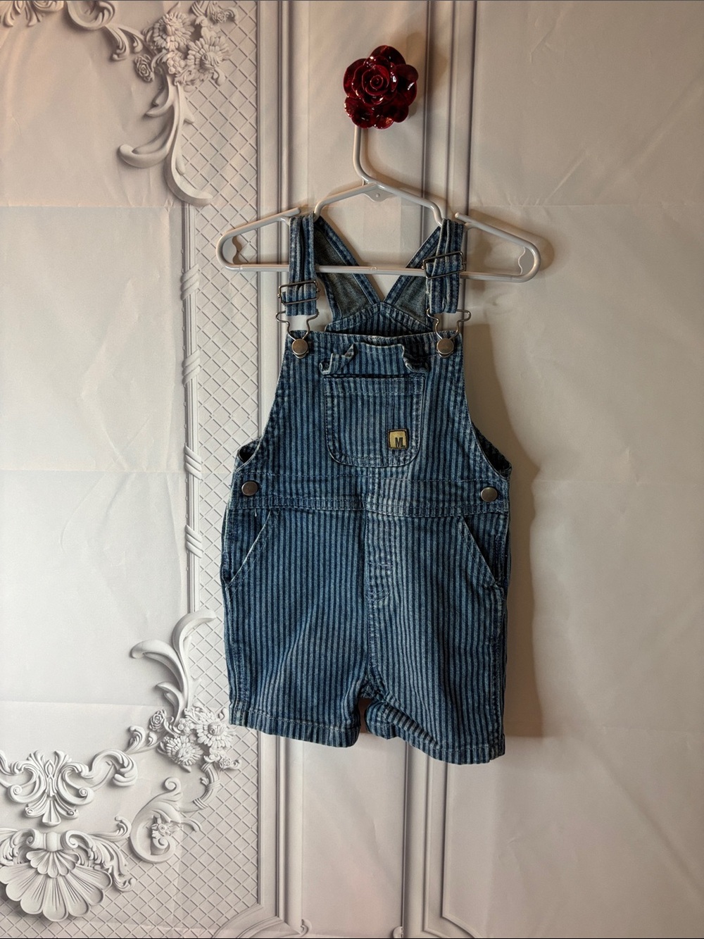 Mario López Toddler Boy’s Blue Striped Denim Short Overalls, Size 24 Months